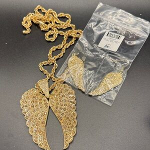 JTV Gold Tone Angel Wing Crystal Necklace and Earring Set marked CN
